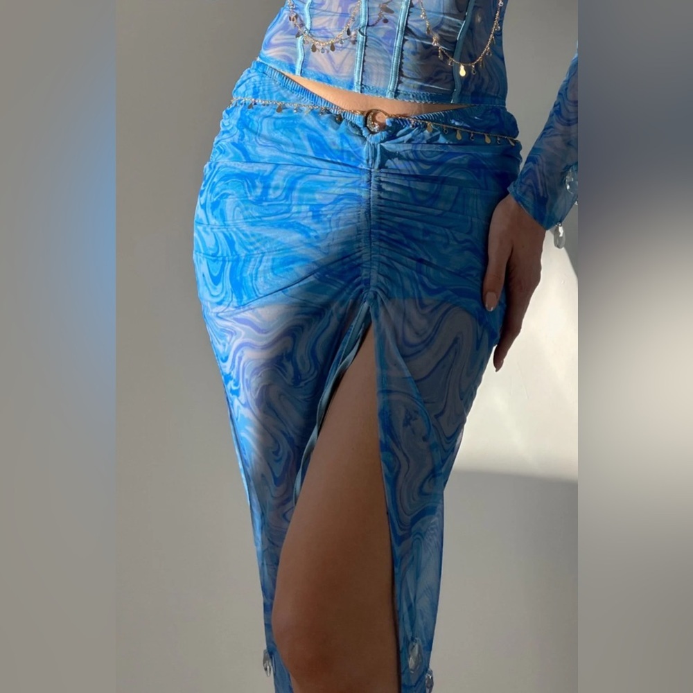 Empress Mimi Siren Song Wave Print Embellished Mesh Midi Skirt Sz M